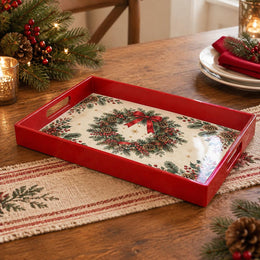 Christmas Decorative Serving Tray – Ribbon Wreath Duo plastic serving tray shown in a rectangular product view.
