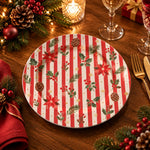 Valentine's Day Decorative Charger Plate – Holiday Holly Stripe full-print plastic serving tray shown in a styled room scene.