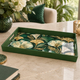 Ramadan & Eid al-Fitr Plastic Serving Tray – Gilded Ginkgo Fan plastic serving tray shown in a rectangular product view.
