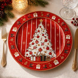 Red Christmas Charger Plate with Tree, Stripe Border and Gift Boxes - MintiHome
