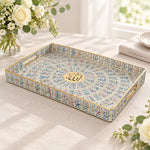 Ramadan Decorative Plastic Serving Tray – Blue Tile Calligraphy full-print plastic serving tray shown in a product view.