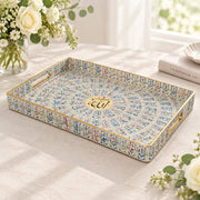 Ramadan Decorative Plastic Serving Tray – Blue Tile Calligraphy full-print plastic serving tray shown in a product view.