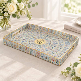 Ramadan Decorative Plastic Serving Tray – Blue Tile Calligraphy full-print plastic serving tray shown in a product view.
