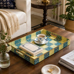 Daily Decorative Plastic Serving Tray – Lemon Blossom Check full-print plastic serving tray shown in a styled room scene.