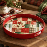 Red Christmas Patchwork Tray with Poinsettia, Holly and Plaid - MintiHome