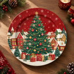 Christmas Decorative Charger Plate – Snowy Village Scene full-print plastic serving tray shown in a product view.