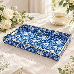 Ramadan Decorative Plastic Serving Tray – Cobalt Flowering Vine full-print plastic serving tray shown in a product view.
