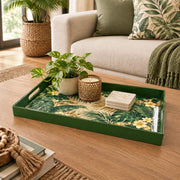 Ramadan & Eid al-Fitr Plastic Serving Tray – Tropical Palm Plumeria plastic serving tray shown in a rectangular styled scene.