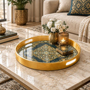 Ramadan & Eid al-Fitr Plastic Serving Tray – Navy Gold Arabesque plastic serving tray shown in a round styled scene.