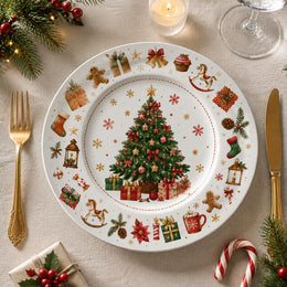 White Christmas Charger Plate with Gingerbread, Reindeer and Lanterns - MintiHome