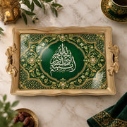Emerald green tray with gold trim featuring a calligraphy medallion in a lobed lattice frame
