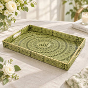 Ramadan Decorative Plastic Serving Tray – Celadon Script Rings full-print plastic serving tray shown in a product view.