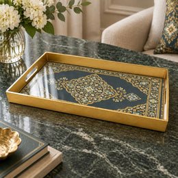 Ramadan & Eid al-Fitr Plastic Serving Tray – Navy Gold Arabesque plastic serving tray shown in a rectangular product view.