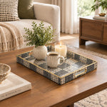 Daily Decorative Plastic Serving Tray – Ebony Mudcloth Stripe full-print plastic serving tray shown in a styled room scene.