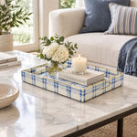 Daily Decorative Plastic Serving Tray – Blue Gingham Brush full-print plastic serving tray shown in a styled room scene.