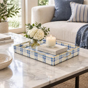 Daily Decorative Plastic Serving Tray – Blue Gingham Brush full-print plastic serving tray shown in a styled room scene.