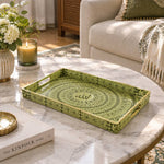 Ramadan Decorative Plastic Serving Tray – Celadon Script Rings full-print plastic serving tray shown in a styled room scene.