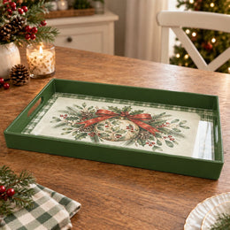 Christmas Decorative Serving Tray – Holly Bauble Bow plastic serving tray shown in a rectangular product view.