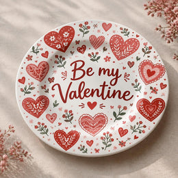 Valentine's Day Decorative Charger Plate – Be My Valentine Script full-print plastic serving tray shown in a product view.