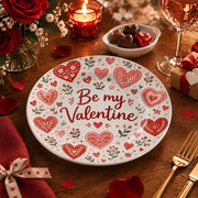 Valentine's Day Decorative Charger Plate – Be My Valentine Script full-print plastic serving tray shown in a styled room scene.