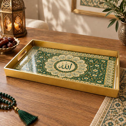 Ramadan & Eid al-Fitr Plastic Serving Tray – Petal Cartouche Roundel plastic serving tray shown in a rectangular product view.