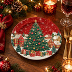 Christmas Decorative Charger Plate – Snowy Village Scene full-print plastic serving tray shown in a styled room scene.