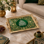 Emerald green tray with gold trim featuring a calligraphy medallion in a lobed lattice frame