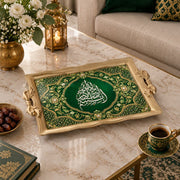 Emerald green tray with gold trim featuring a calligraphy medallion in a lobed lattice frame