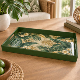 Ramadan & Eid al-Fitr Plastic Serving Tray – Tropical Palm Plumeria plastic serving tray shown in a rectangular product view.