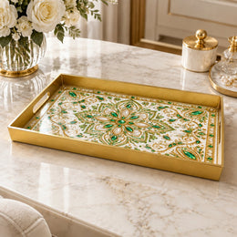 Ramadan & Eid al-Fitr Plastic Serving Tray – Jewelled Emerald Lattice plastic serving tray shown in a rectangular product view.