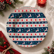 Christmas Decorative Charger Plate – Navy Nordic Reindeer full-print plastic serving tray shown in a product view.