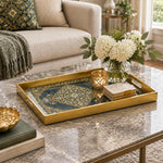 Ramadan & Eid al-Fitr Plastic Serving Tray – Navy Gold Arabesque plastic serving tray shown in a rectangular styled scene.