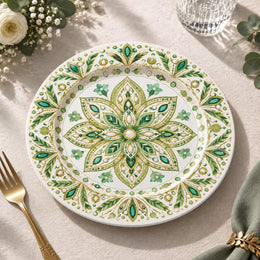 Ramadan Decorative Charger Plate – Green Gold Pearl Mandala full-print plastic serving tray shown in a product view.