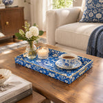 Ramadan Decorative Plastic Serving Tray – Cobalt Flowering Vine full-print plastic serving tray shown in a styled room scene.