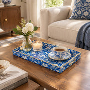 Ramadan Decorative Plastic Serving Tray – Cobalt Flowering Vine full-print plastic serving tray shown in a styled room scene.