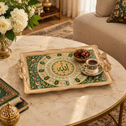 Emerald green tray with gold trim featuring concentric calligraphy bands and floral scrolls