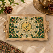 Emerald green tray with gold trim featuring concentric calligraphy bands and floral scrolls