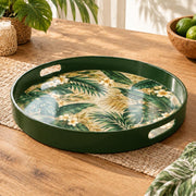 Ramadan & Eid al-Fitr Plastic Serving Tray – Tropical Palm Plumeria plastic serving tray shown in a round product view.