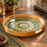 Ramadan & Eid al-Fitr Plastic Serving Tray – Petal Cartouche Roundel plastic serving tray shown in a round product view.