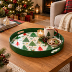 Christmas Decorative Serving Tray – Scattered Winter Pines plastic serving tray shown in a round styled scene.