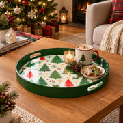 Christmas Decorative Serving Tray – Scattered Winter Pines plastic serving tray shown in a round styled scene.