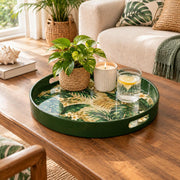 Ramadan & Eid al-Fitr Plastic Serving Tray – Tropical Palm Plumeria plastic serving tray shown in a round styled scene.