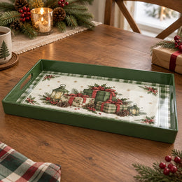 Christmas Decorative Serving Tray – Plaid Gift Stack plastic serving tray shown in a rectangular product view.