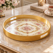 Ramadan & Eid al-Fitr Plastic Serving Tray – Blush Rose Scroll plastic serving tray shown in a round product view.