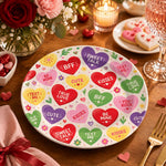 Valentine's Day Decorative Charger Plate – Conversation Heart Candy full-print plastic serving tray shown in a styled room scene.
