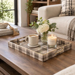 Daily Decorative Plastic Serving Tray – Mocha Tartan Plaid full-print plastic serving tray shown in a styled room scene.