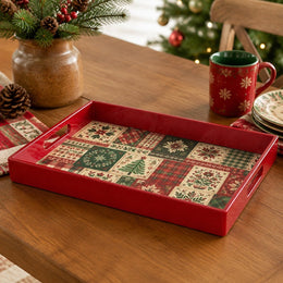 Red Christmas Patchwork Tray with Tree, Poinsettia and Snowflakes - MintiHome