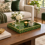 Ramadan Decorative Plastic Serving Tray – Flame Droplet Medallions full-print plastic serving tray shown in a styled room scene.