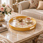 Ramadan & Eid al-Fitr Plastic Serving Tray – Blush Rose Scroll plastic serving tray shown in a round styled scene.