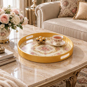Ramadan & Eid al-Fitr Plastic Serving Tray – Blush Rose Scroll plastic serving tray shown in a round styled scene.